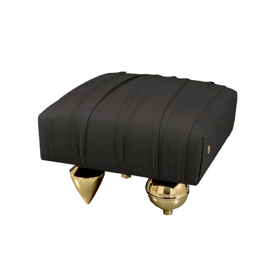 Modern Black Upholstered Leather Pouf with Gold Finish Brass Legs, Made in Italy For Sale