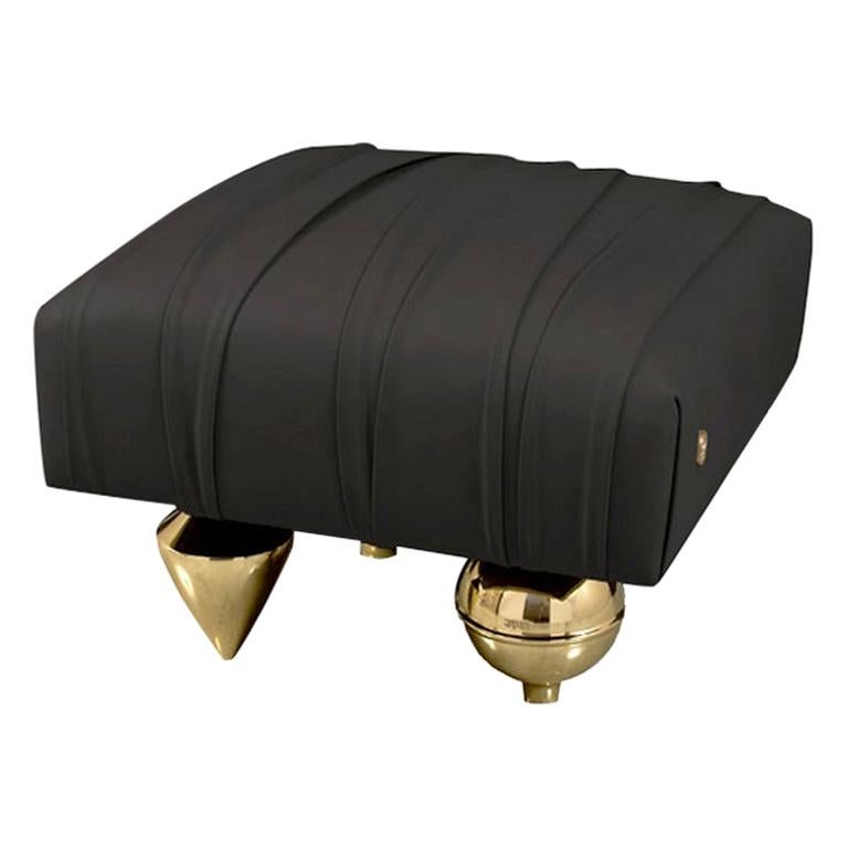 Black Upholstered Leather Pouf with Gold Finish Brass Legs, Made in Italy