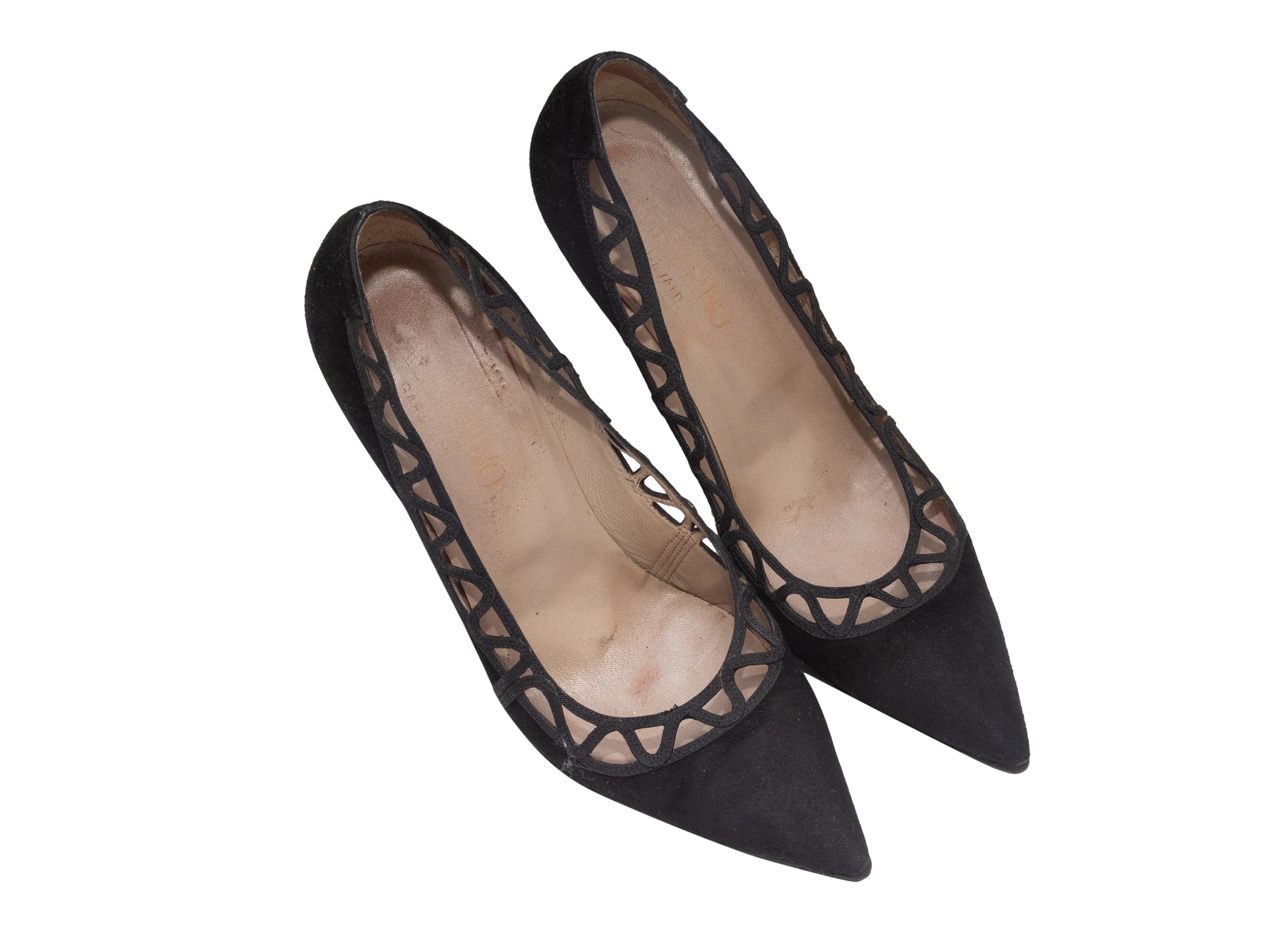 Black pointed-toe suede pumps by Valentino. Grosgrain detail trim at tops. 4
