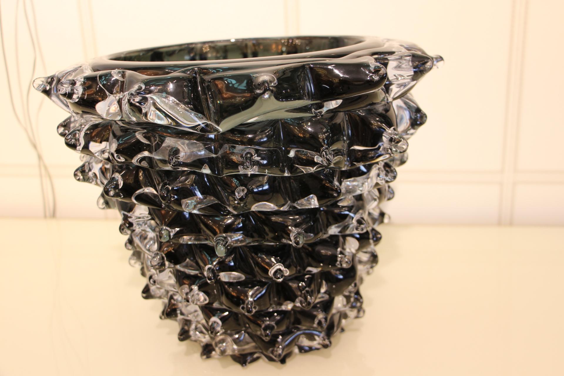 Italian Black Vase in Murano Glass with Spikes Decor, Barovier Style, Rostrato