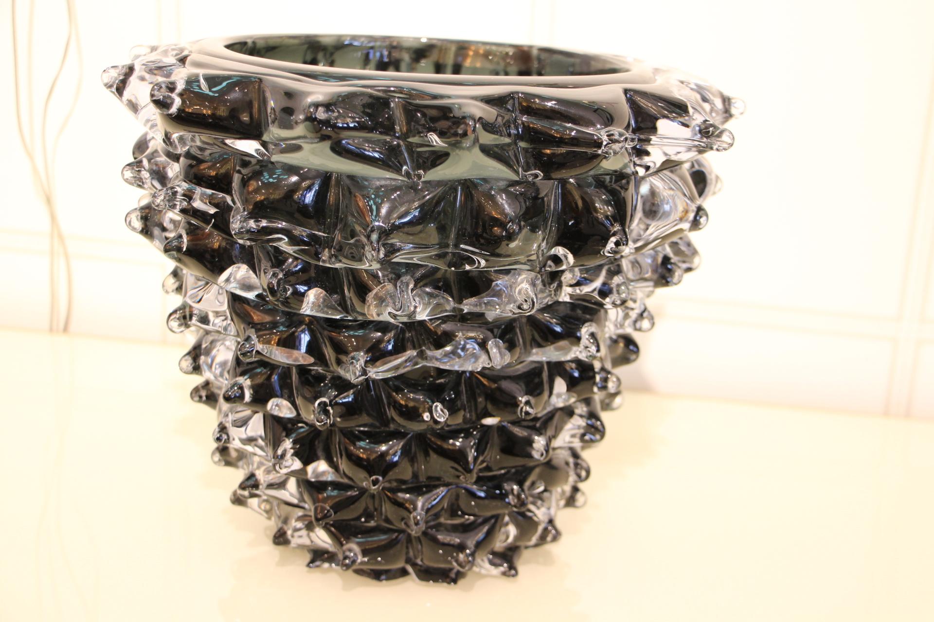 Black Vase in Murano Glass with Spikes Decor, Barovier Style, Rostrato 2
