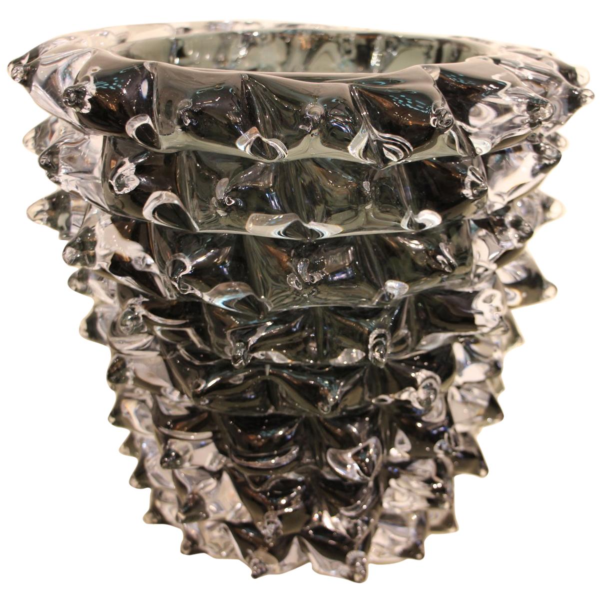 Black Vase in Murano Glass with Spikes Decor, Barovier Style, Rostrato