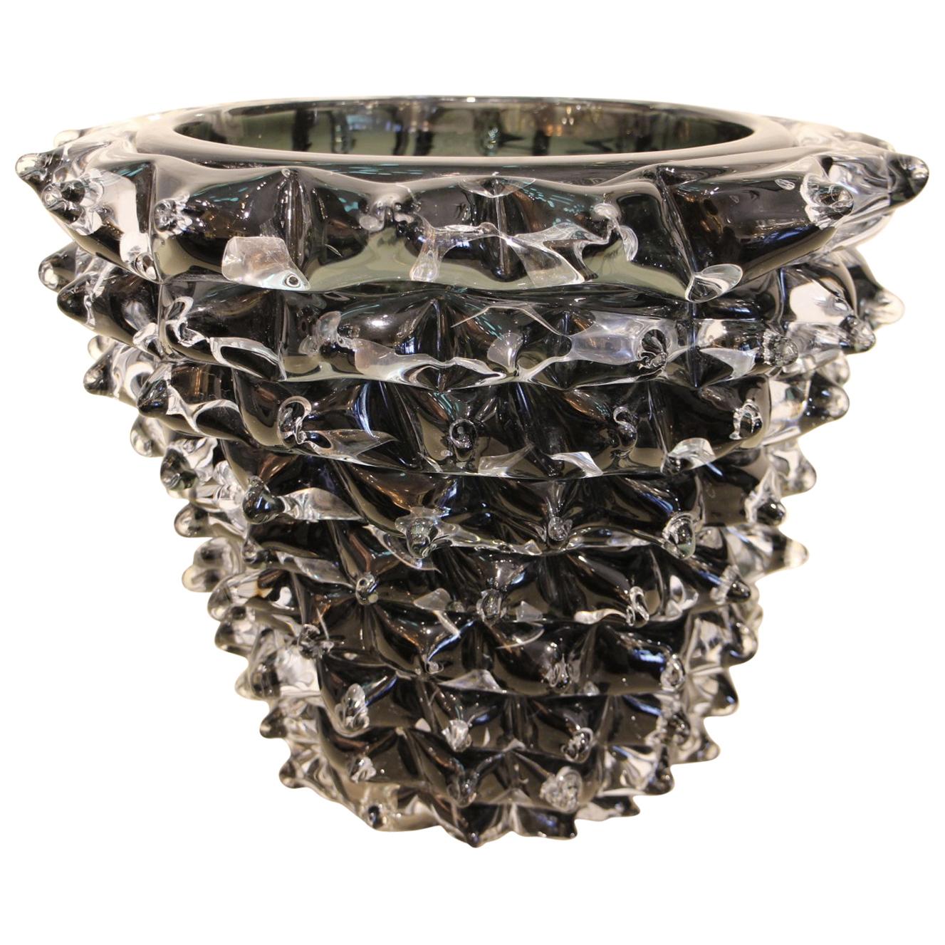 Black Vase in Murano Glass with Spikes Decor, Barovier Style, Rostrato