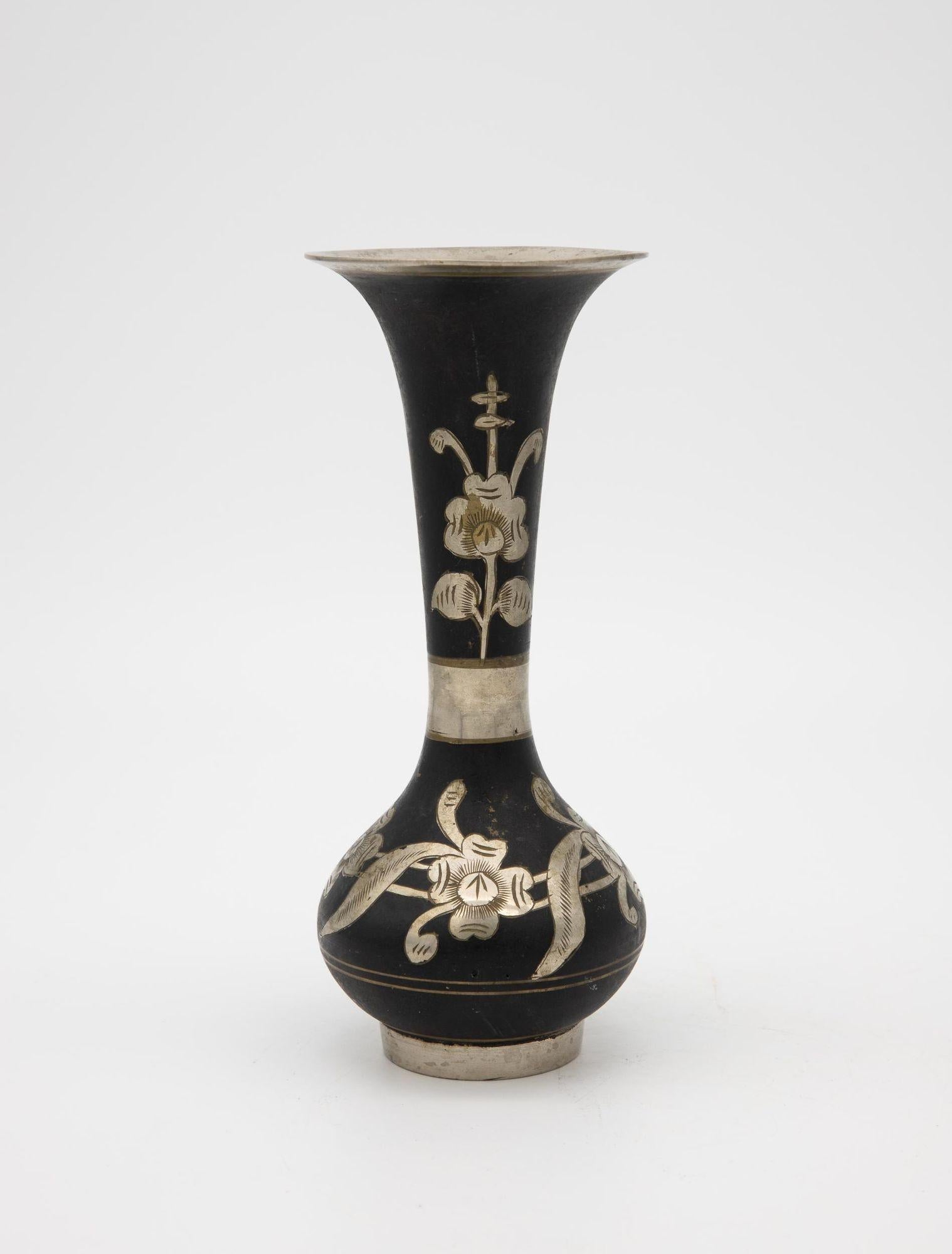 Chinoiserie Black Vase with Floral Etching For Sale