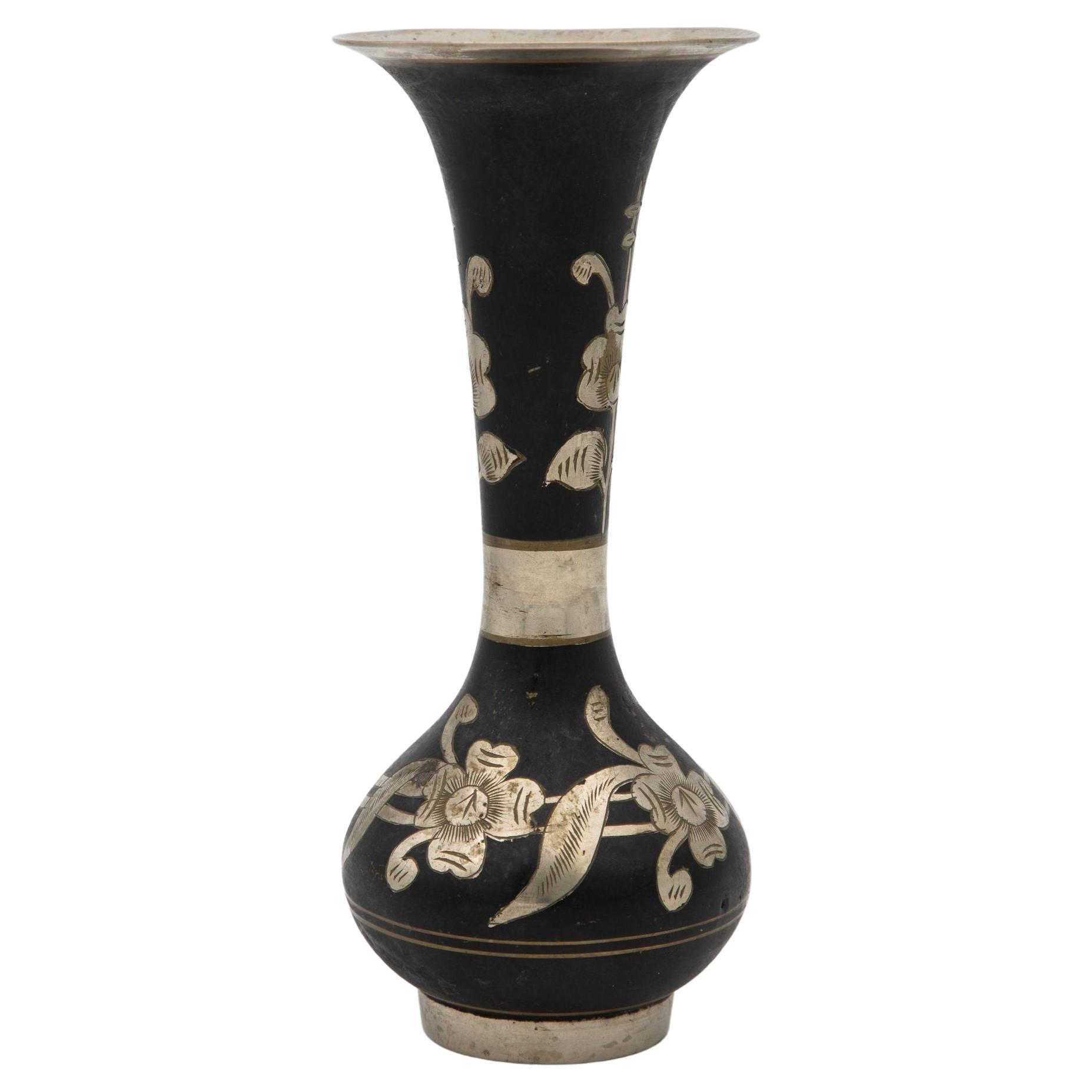 Black Vase with Floral Etching For Sale