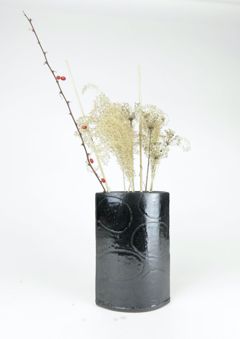 Organic Modern Black Vase with Hand Carved Design, Hand Built Ceramic Stoneware For Sale