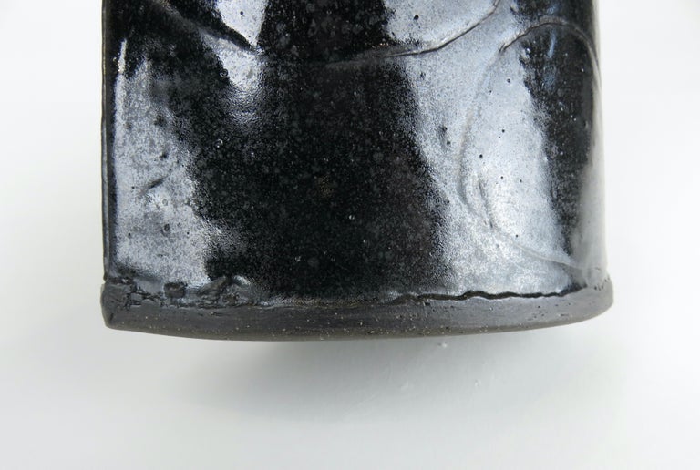 Black Vase with Hand Carved Design, Hand Built Ceramic Stoneware For Sale 5