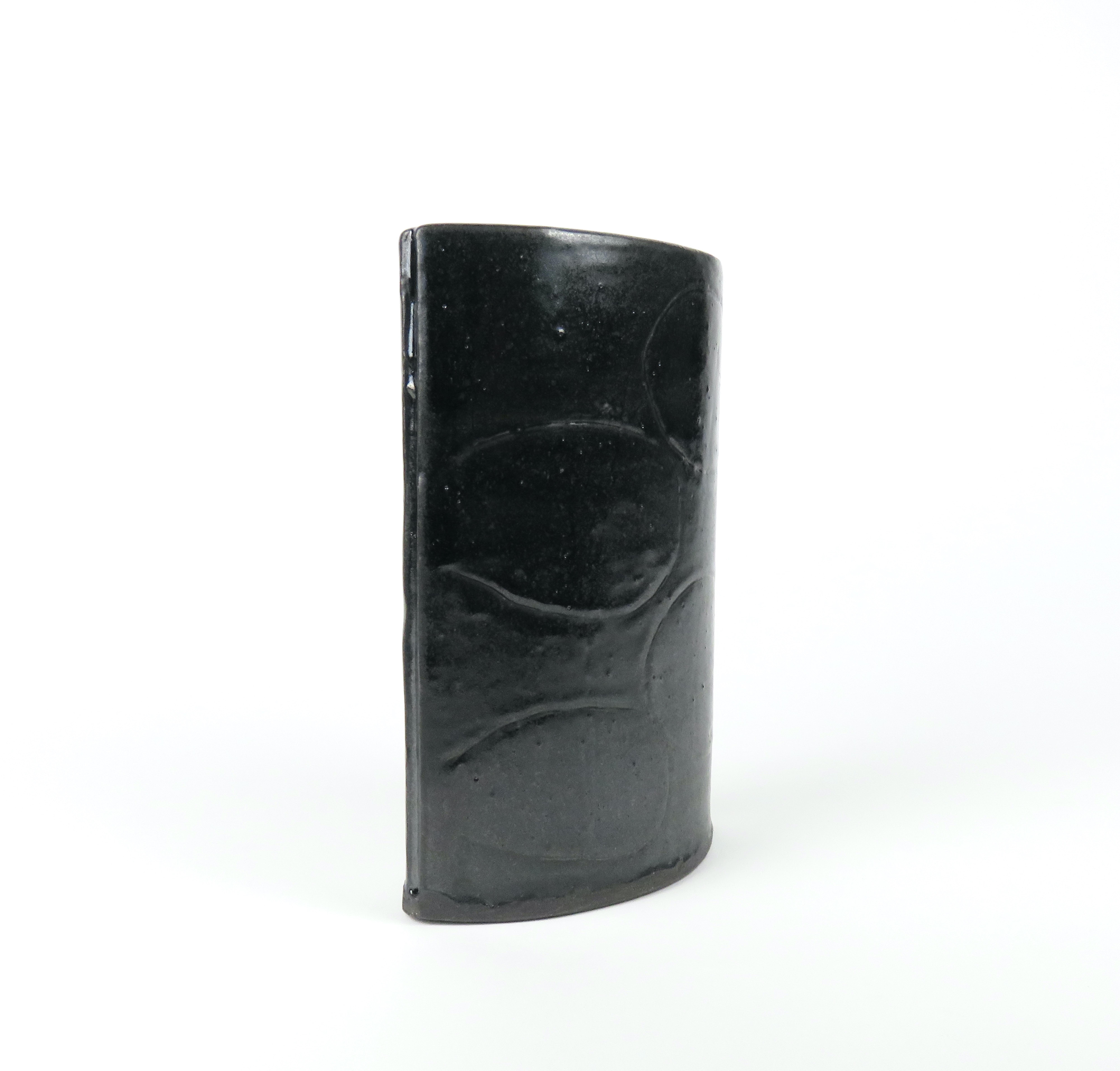 Hand-Crafted Black Vase with Hand Carved Design, Hand Built Ceramic Stoneware For Sale
