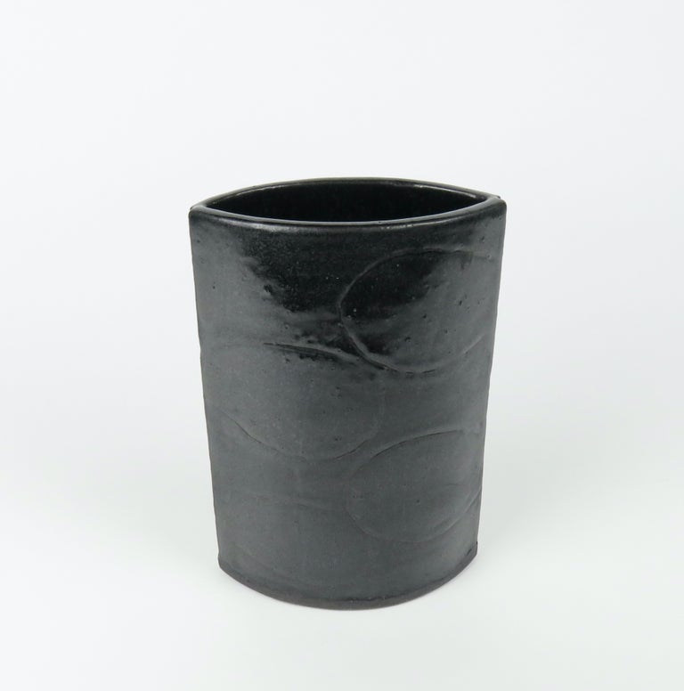 American Black Vase with Hand Carved Design, Hand Built Ceramic Stoneware For Sale