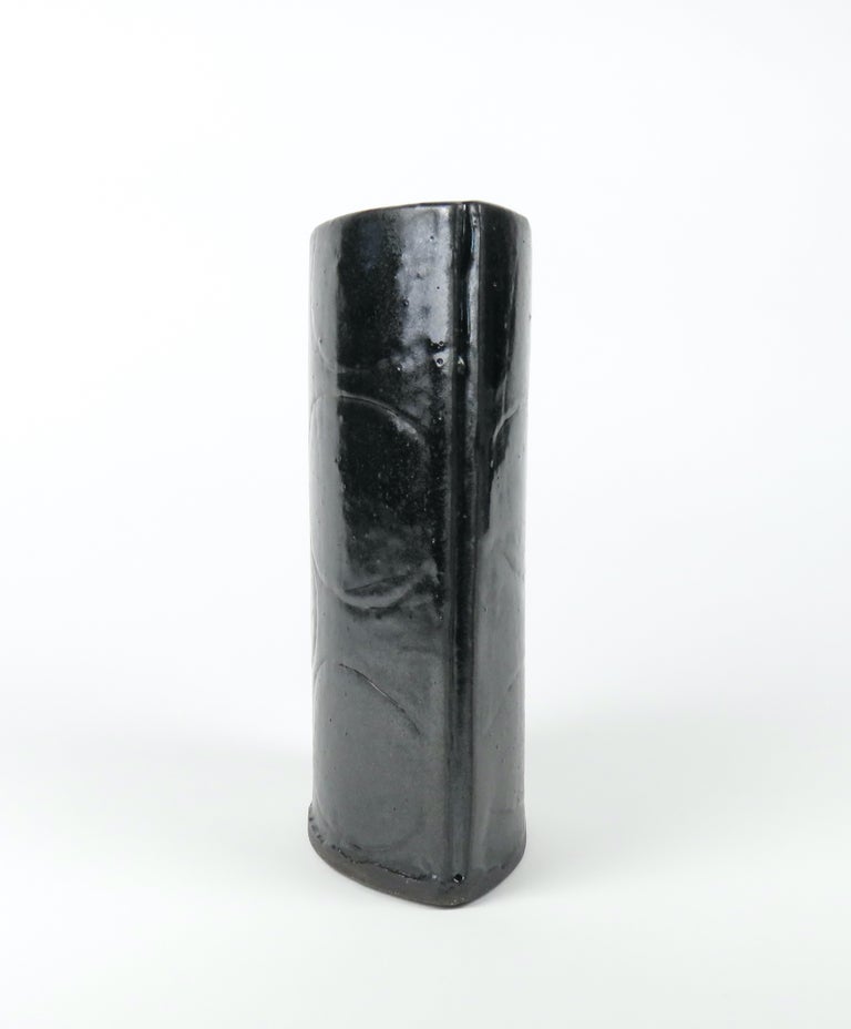 Black Vase with Hand Carved Design, Hand Built Ceramic Stoneware In New Condition For Sale In New York, NY
