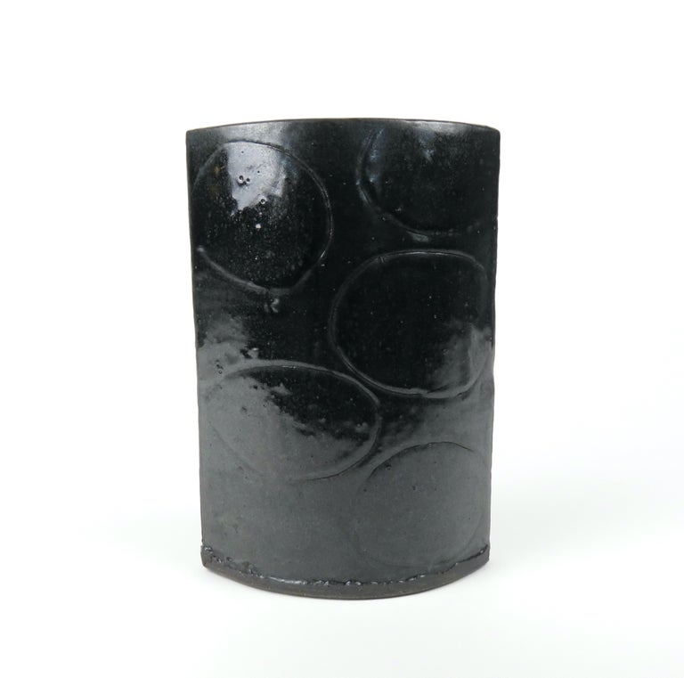 Contemporary Black Vase with Hand Carved Design, Hand Built Ceramic Stoneware For Sale