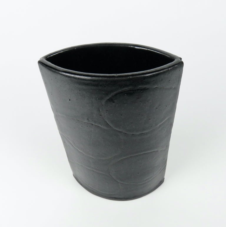 Black Vase with Hand Carved Design, Hand Built Ceramic Stoneware For Sale 1