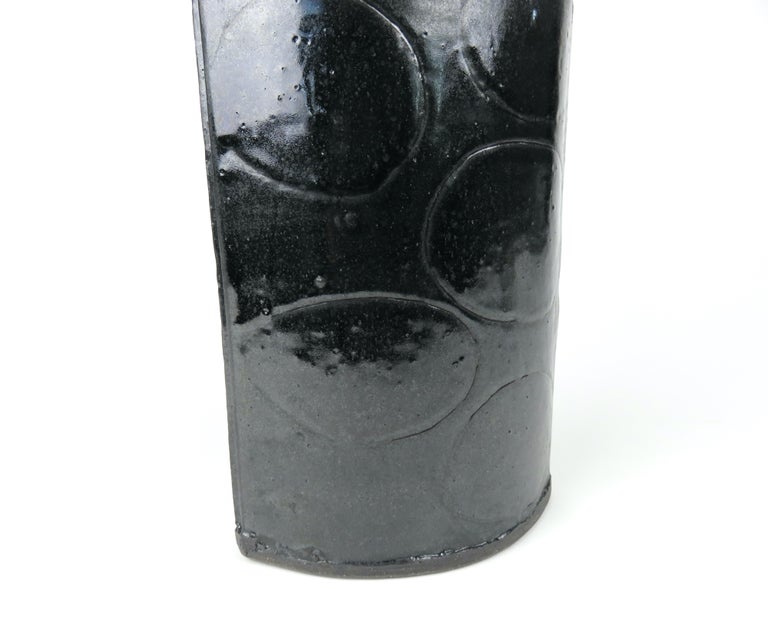 Black Vase with Hand Carved Design, Hand Built Ceramic Stoneware For Sale 2