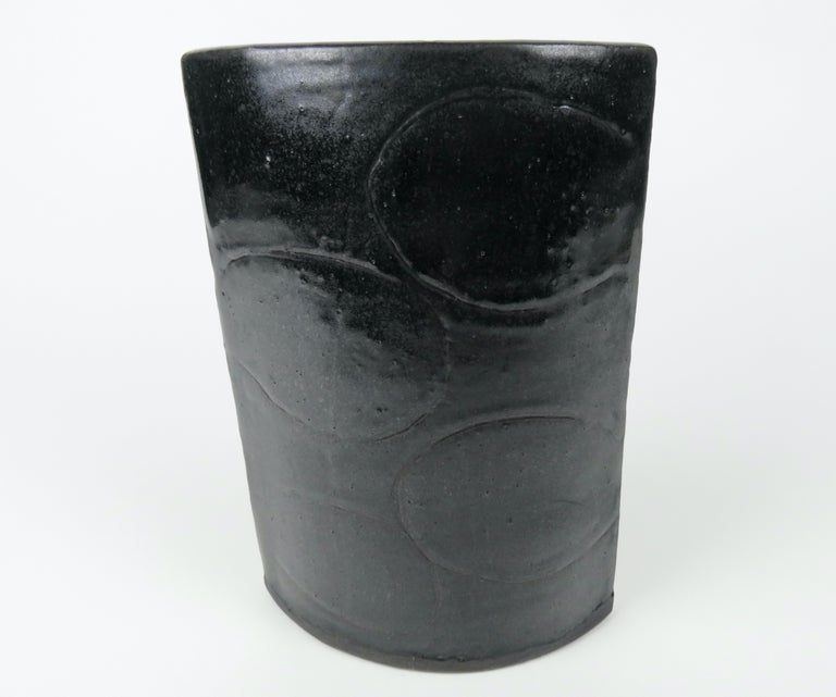 Black Vase with Hand Carved Design, Hand Built Ceramic Stoneware For Sale 3
