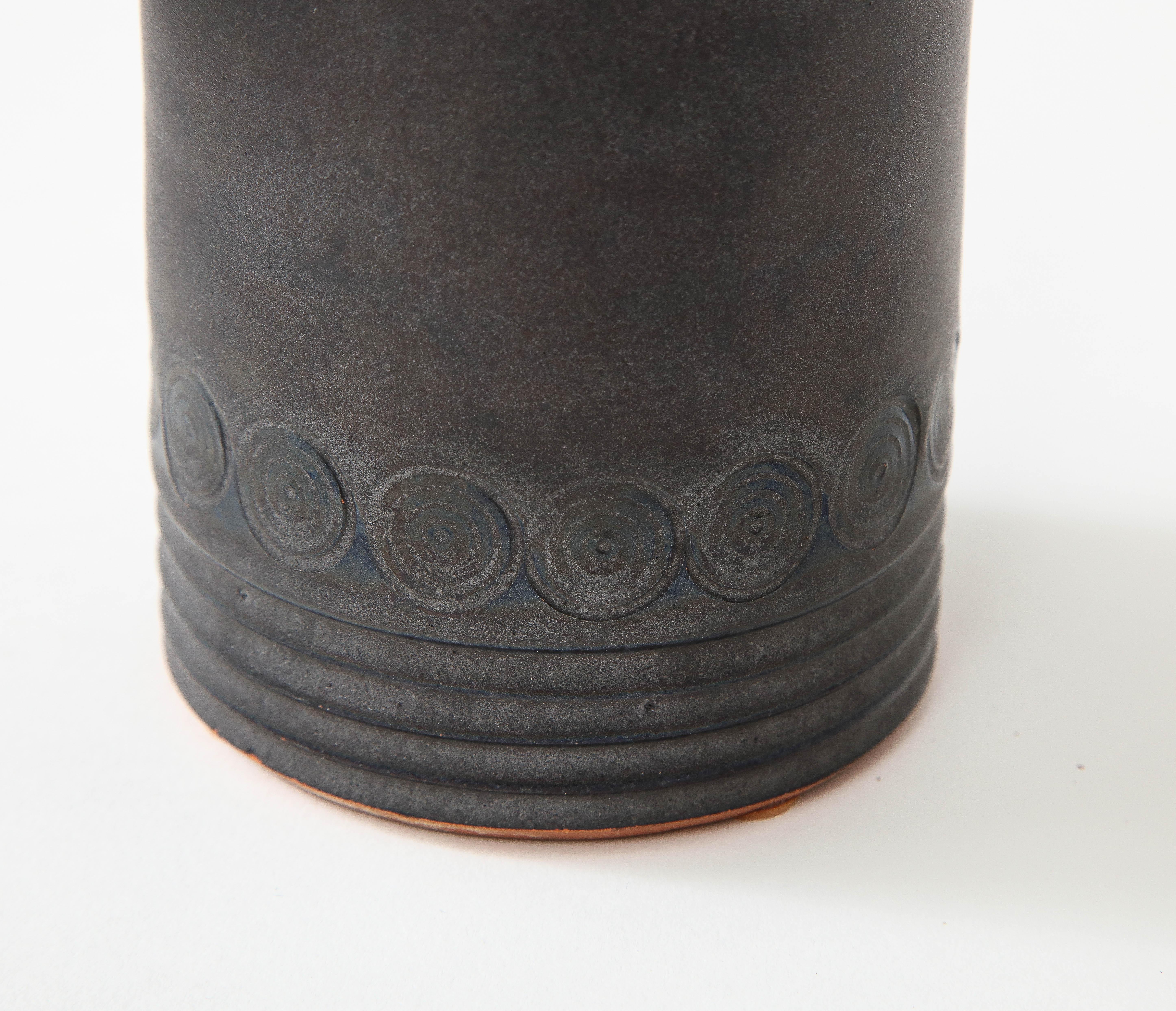 Mid-20th Century Black Vase with White Interior, Incised Circle & Line Decoration, France, c. 195 For Sale
