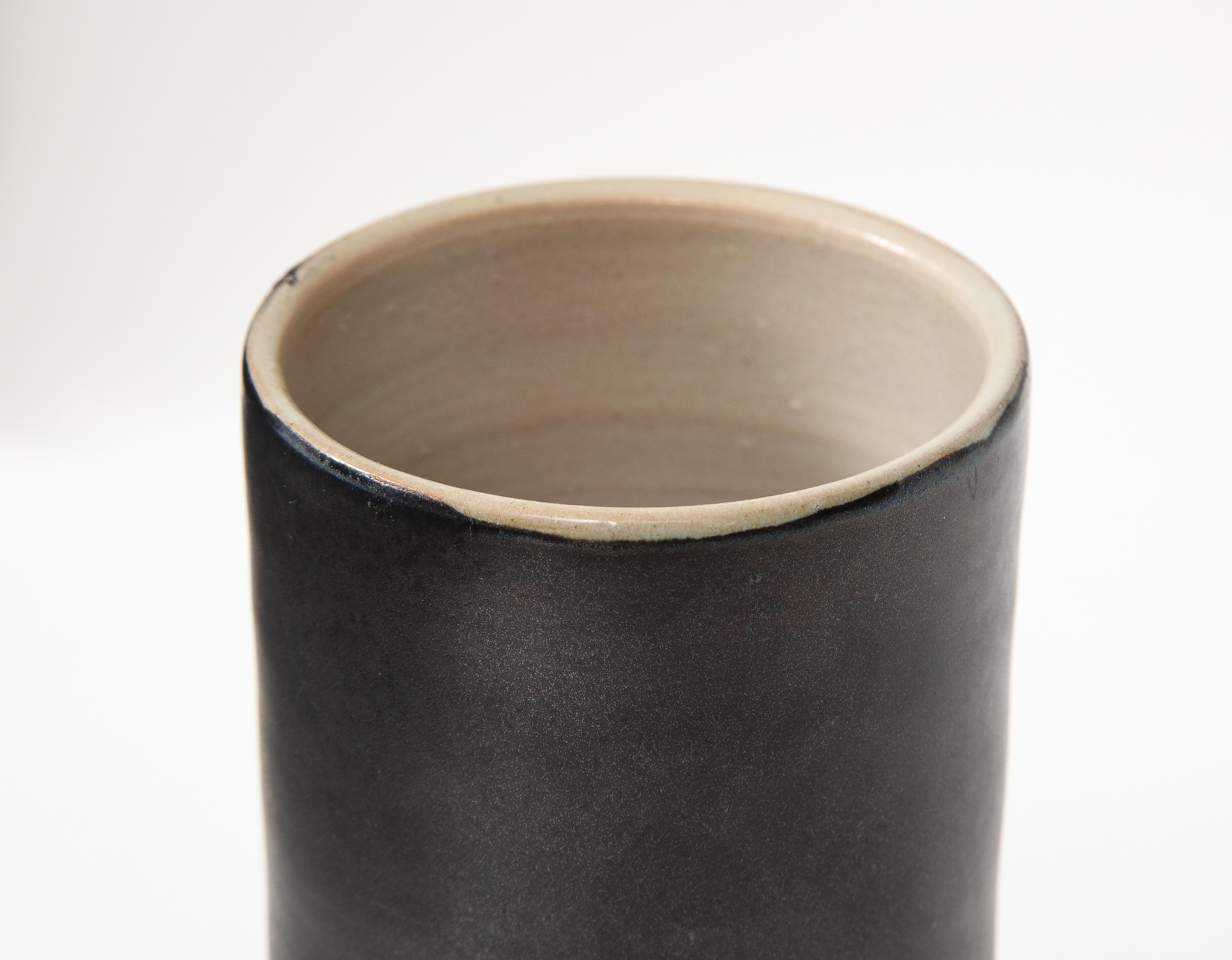 Ceramic Black Vase with White Interior, Incised Circle & Line Decoration, France, c. 195 For Sale