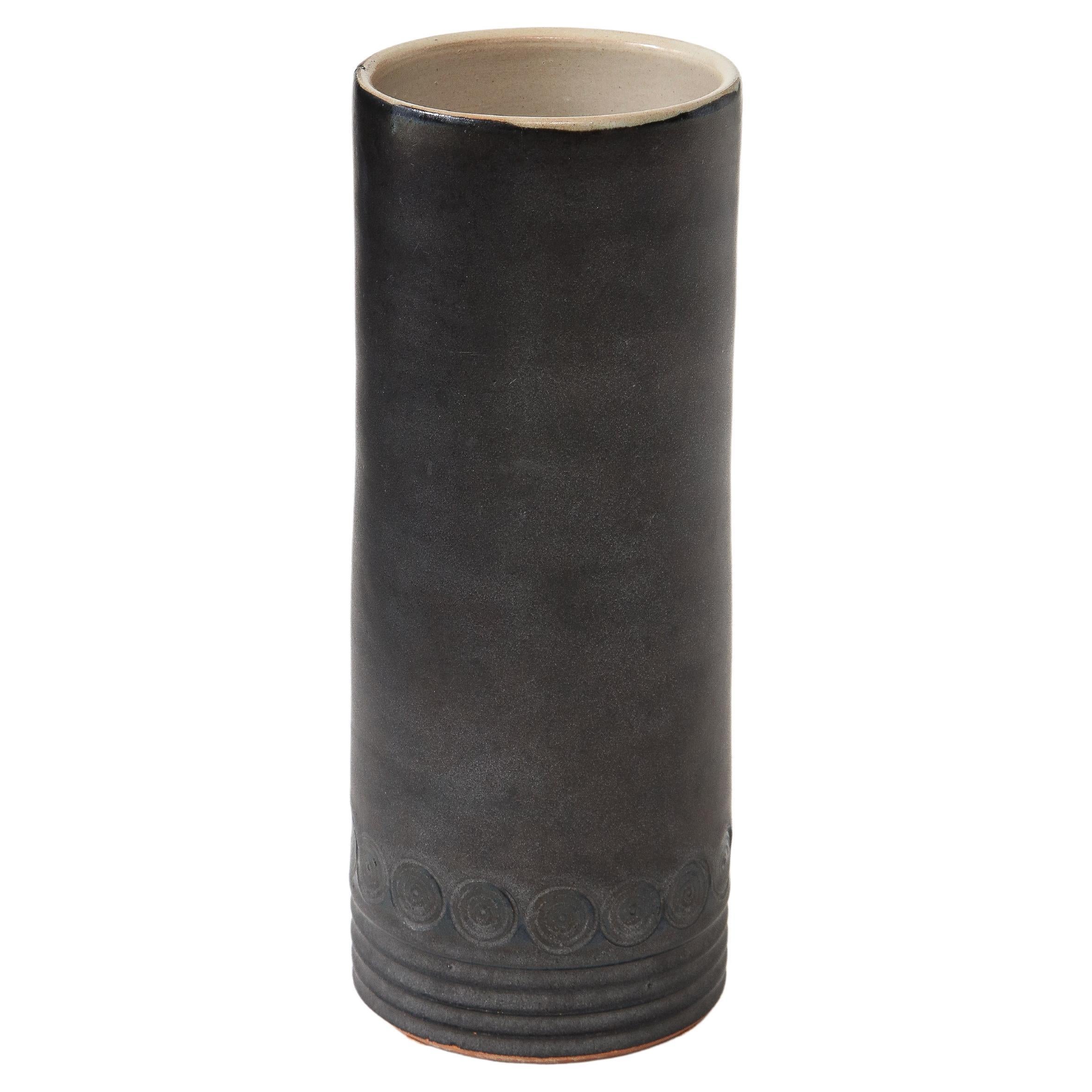 Black Vase with White Interior, Incised Circle & Line Decoration, France, c. 195 For Sale