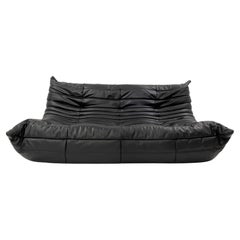 Black Vegan Leather "Togo" Sofa by Michel Ducaroy, Ligne Roset, 1970s