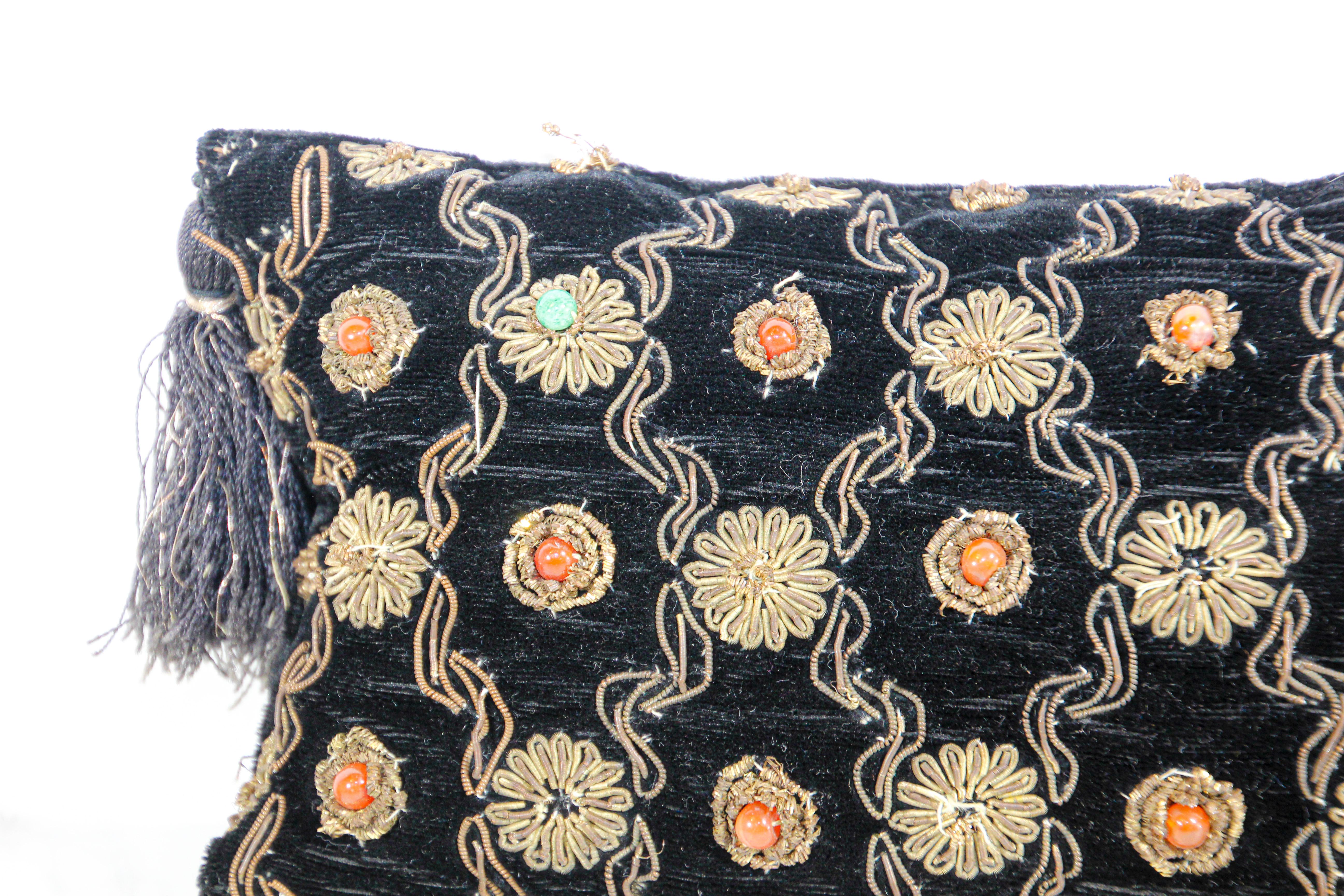 Indian Black Velvet 1960s Zardozi Zari Gemstone Pillow, India