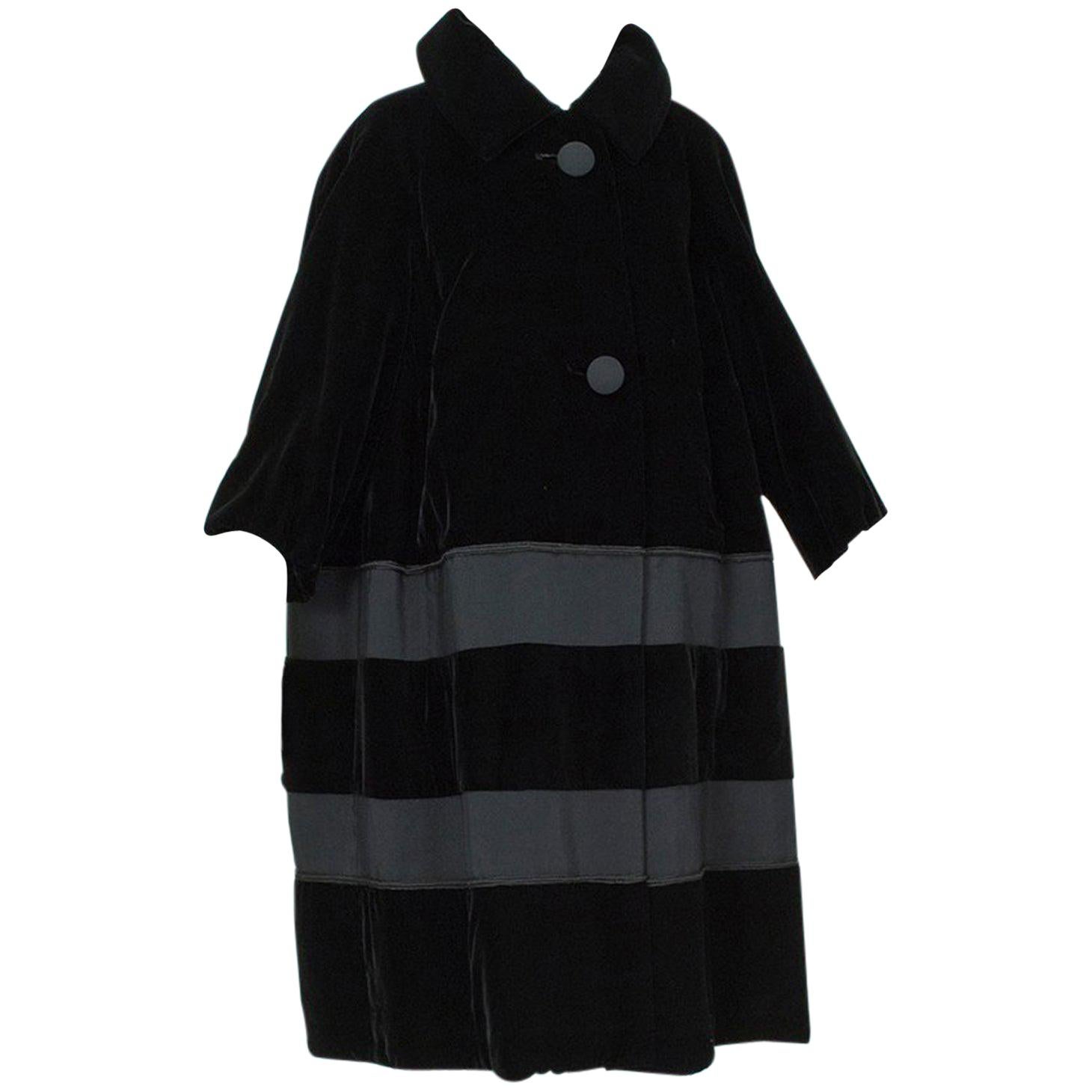 Black Velvet and Faille Stripe Oversized Amorphous Teddy Bear Coat - L-XL, 1960s
