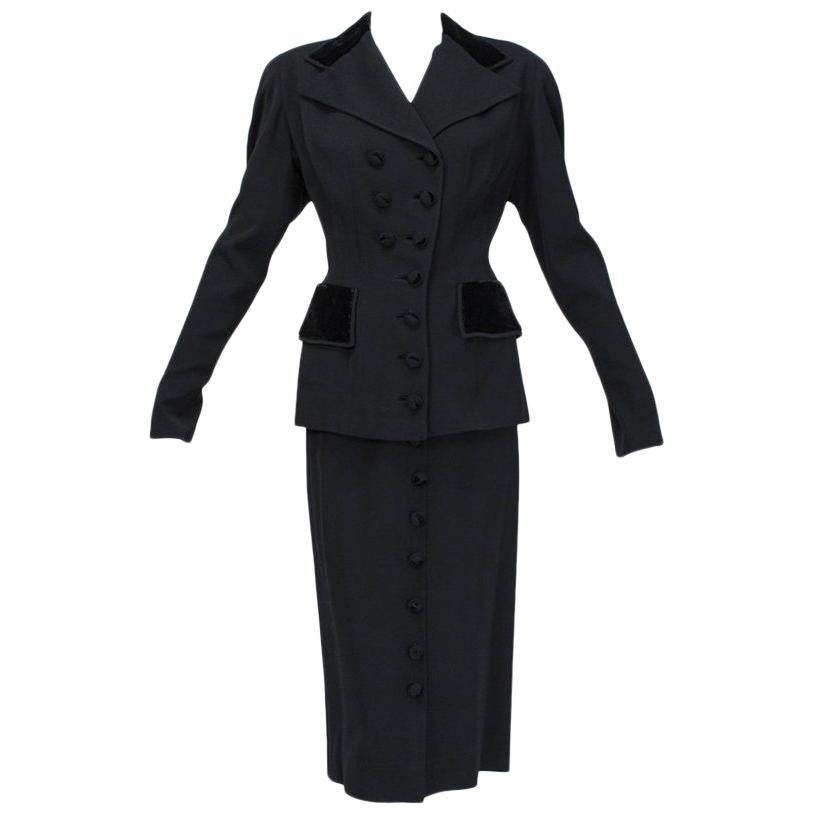 Black Velvet and Gabardine Asymmetrical Button Midi Skirt Pencil Suit-M-L, 1940s For Sale