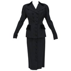 Black Velvet and Gabardine Asymmetrical Button Midi Skirt Pencil Suit-M-L, 1940s