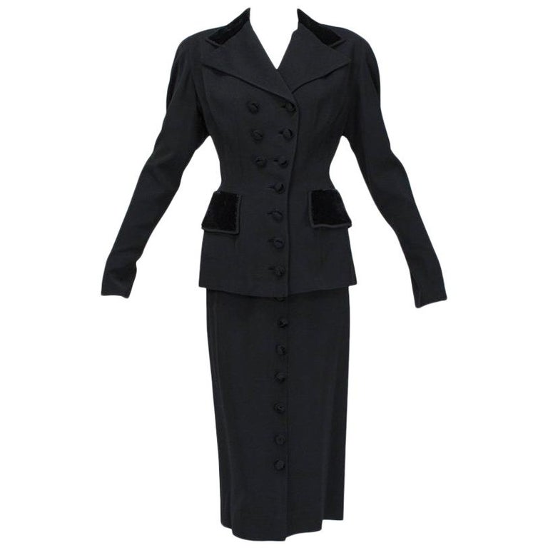 Black Velvet and Gabardine Asymmetrical Button Midi Skirt Pencil Suit-M ...