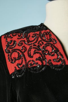 Black velvet and red crêpe evening dress with sequin embellishment Circa 1930's