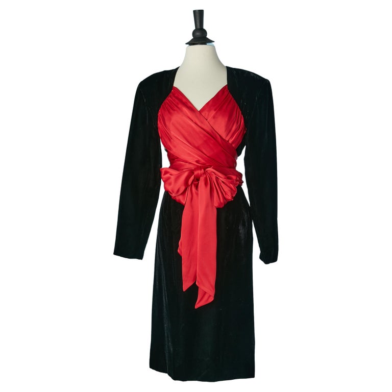 red dress black sash 60's Vintage Retro Design Little Black Satin Dress with Burgundy Sash Ribbon Belt US4 ( EU36) / Black