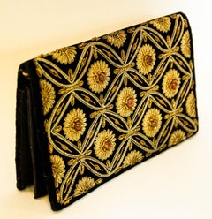 Black Velvet and Silk Embroidered 1960s Zardozi Zari Gemstone Clutch India
