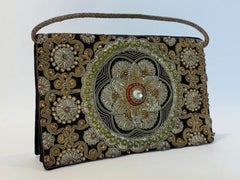 Black Velvet and Silk Embroidered 1960s Zardozi Zari Gemstone Clutch India