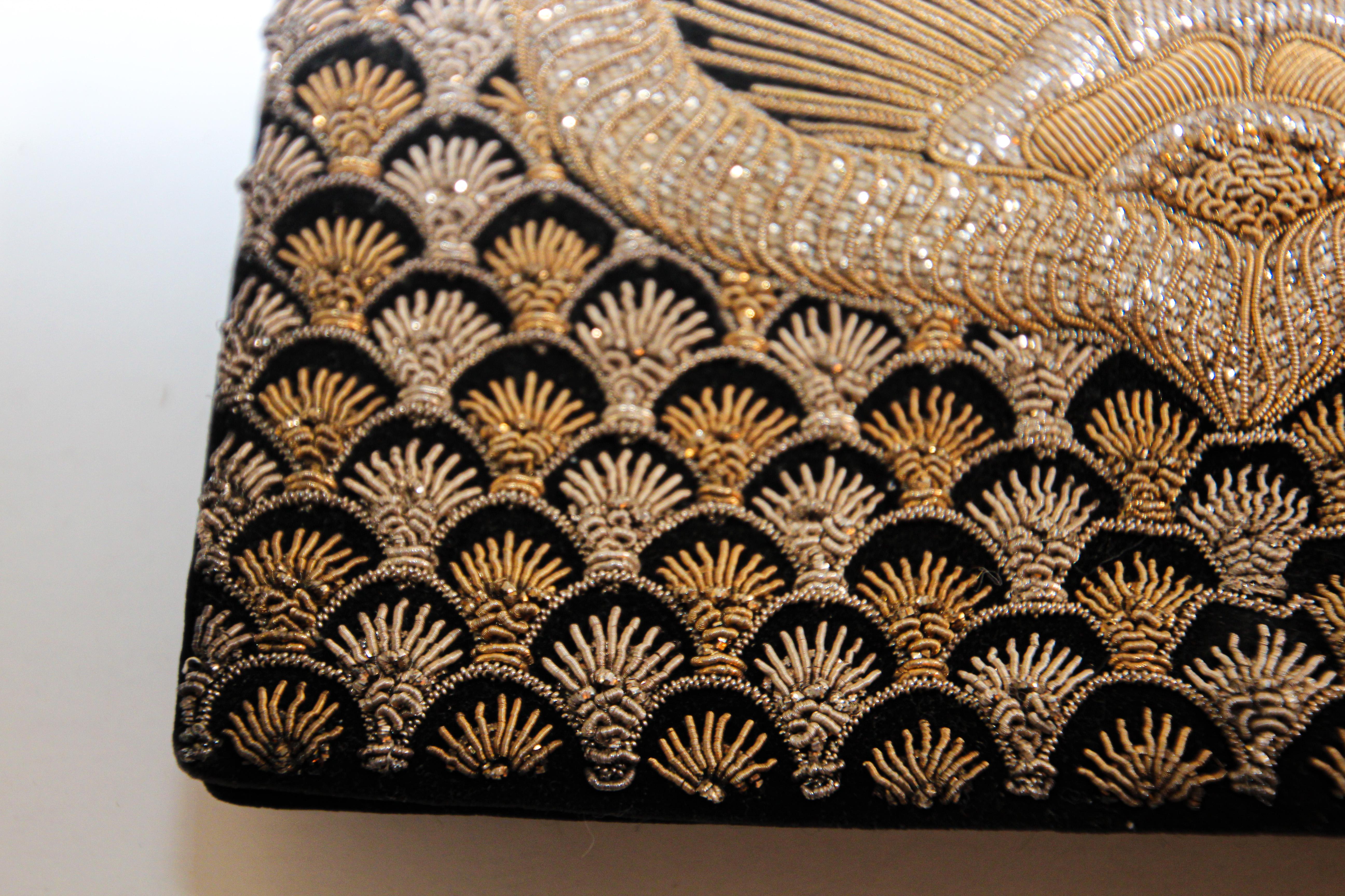 Anglo Raj Black Velvet and Silk Embroidered 1960s Zardozi Zari Gemstone Clutch, India