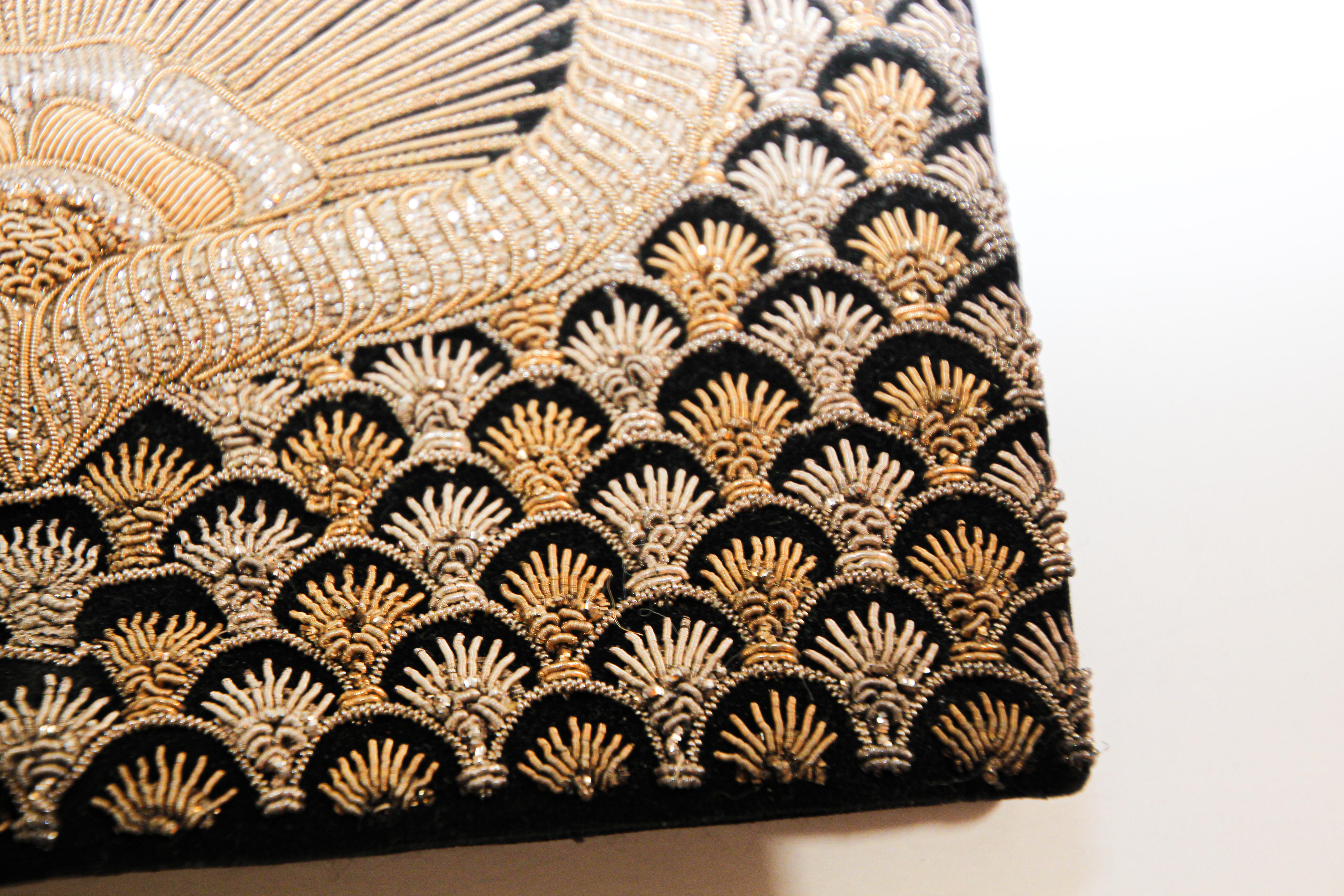 Indian Black Velvet and Silk Embroidered 1960s Zardozi Zari Gemstone Clutch, India