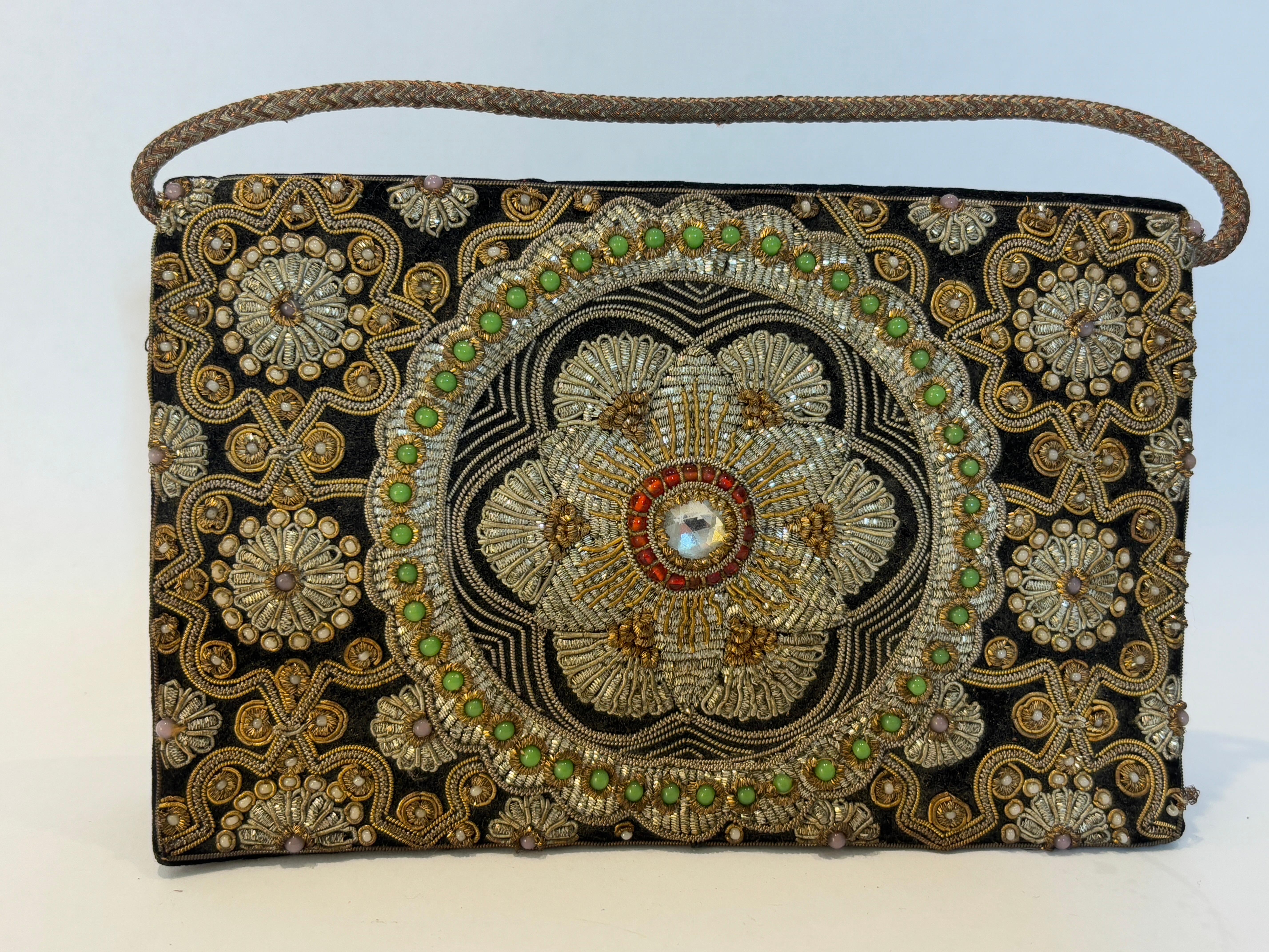 Women's or Men's Black Velvet and Silk Embroidered 1960s Zardozi Zari Gemstone Clutch India For Sale