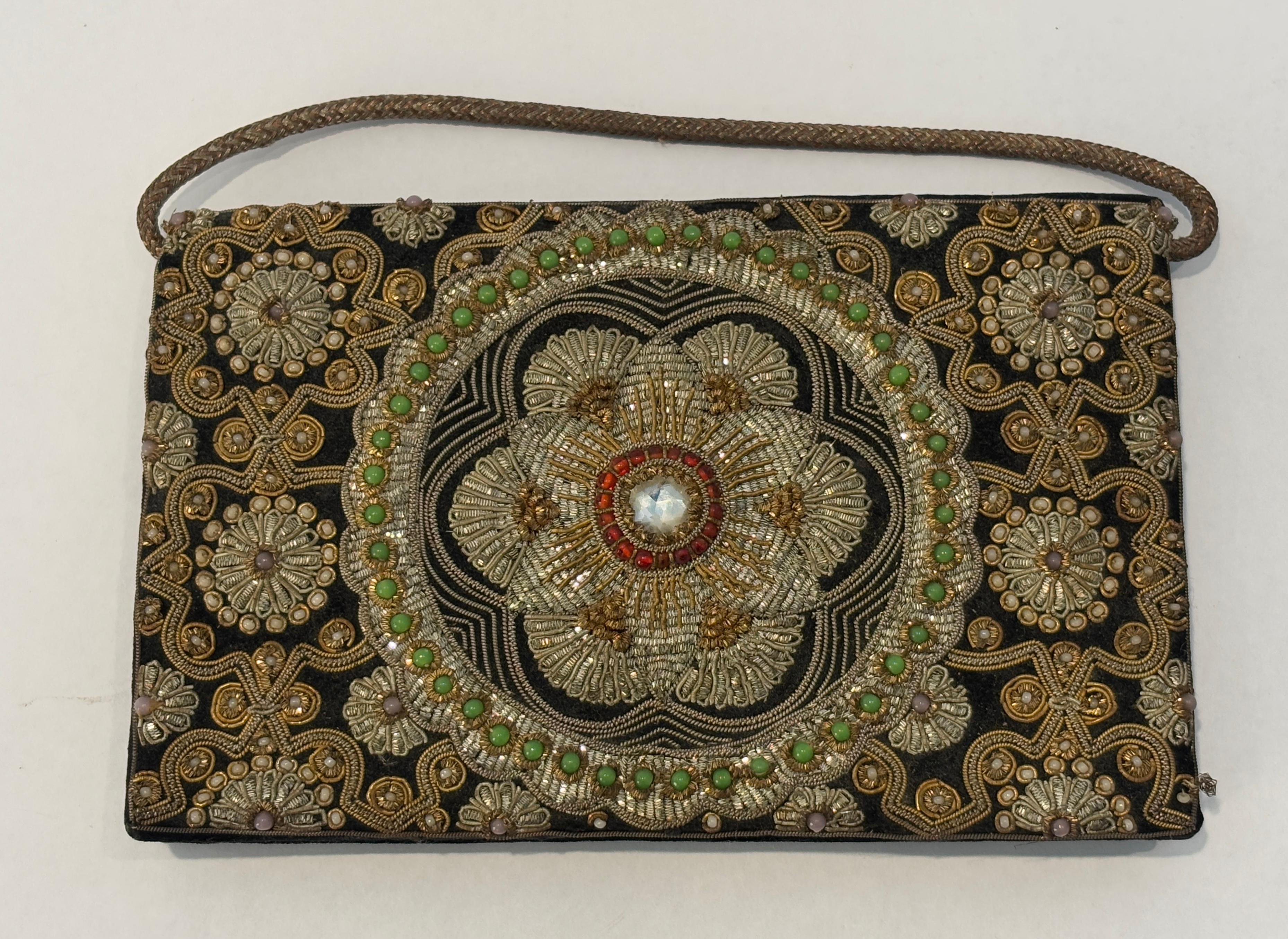 Black Velvet and Silk Embroidered 1960s Zardozi Zari Gemstone Clutch India For Sale 3