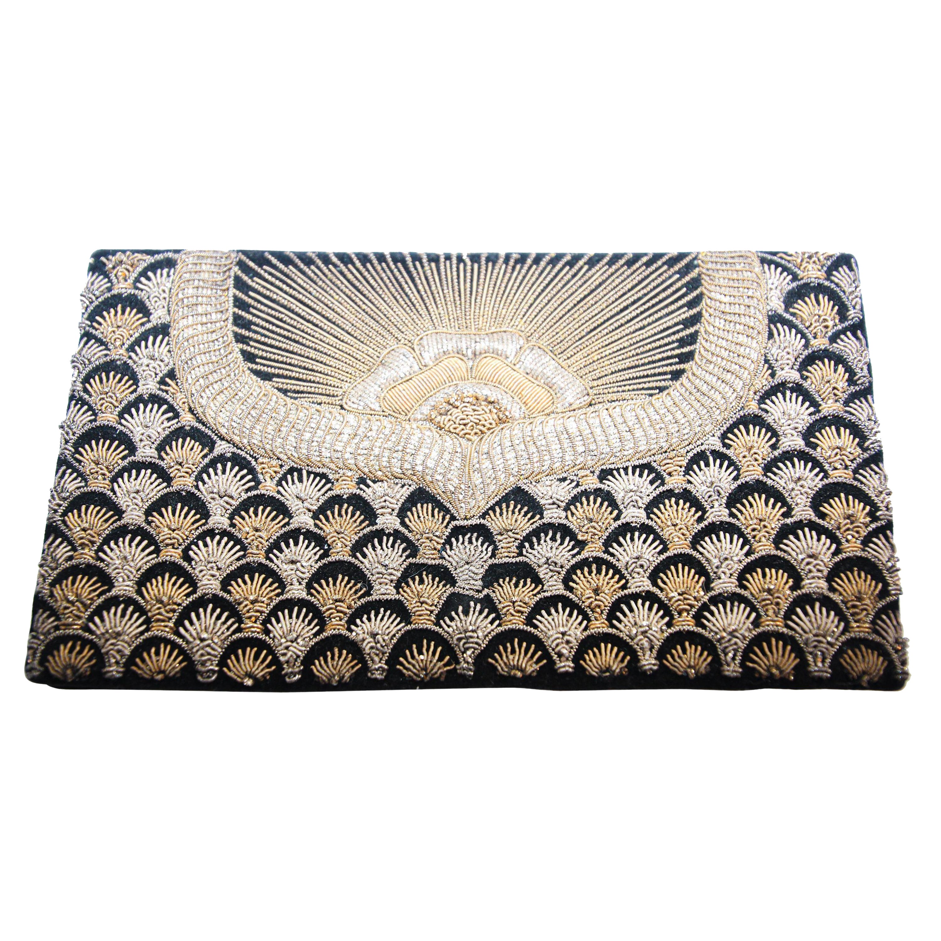 Black Velvet and Silk Embroidered 1960s Zardozi Zari Gemstone Clutch, India