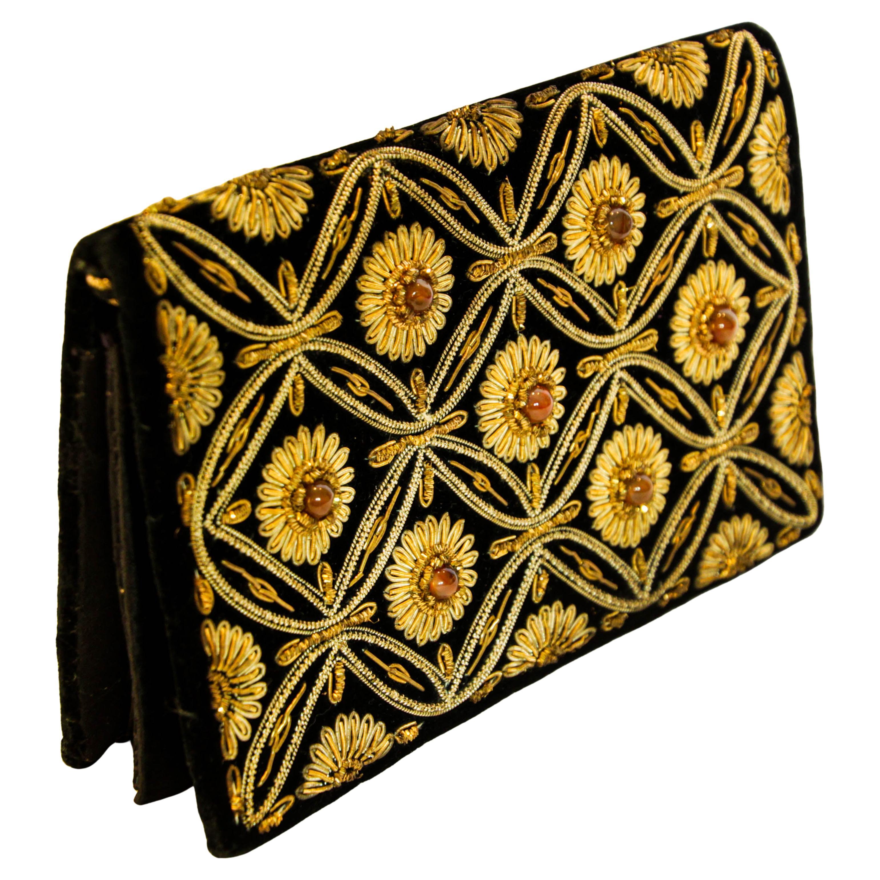 Black Velvet and Silk Embroidered 1960s Zardozi Zari Gemstone Clutch India
