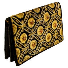 Black Velvet and Silk Embroidered 1960s Zardozi Zari Gemstone Clutch India
