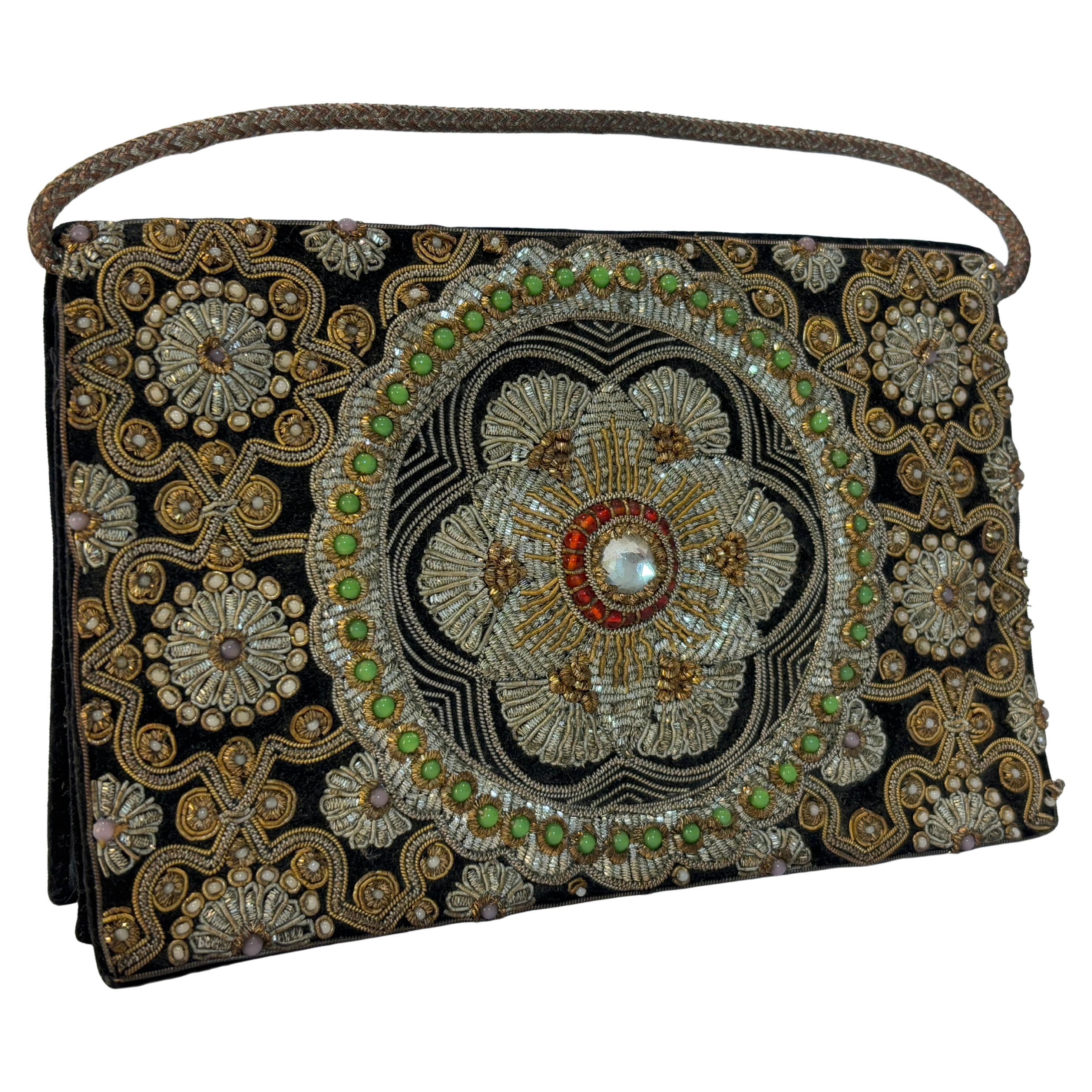 Black Velvet and Silk Embroidered 1960s Zardozi Zari Gemstone Clutch India