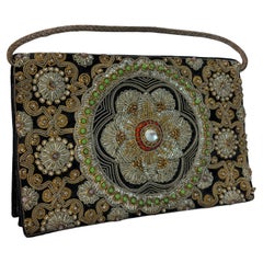 Black Velvet and Silk Embroidered 1960s Zardozi Zari Gemstone Clutch India