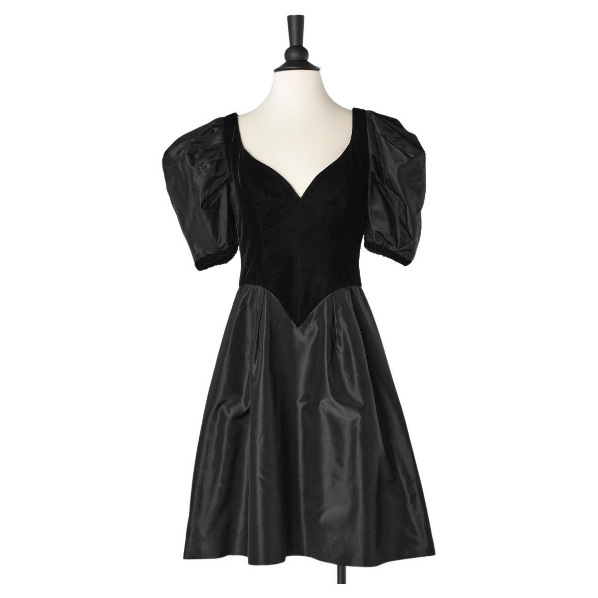 Black velvet and taffetas cocktail dress with balloon sleeves Loris Azzaro For Sale