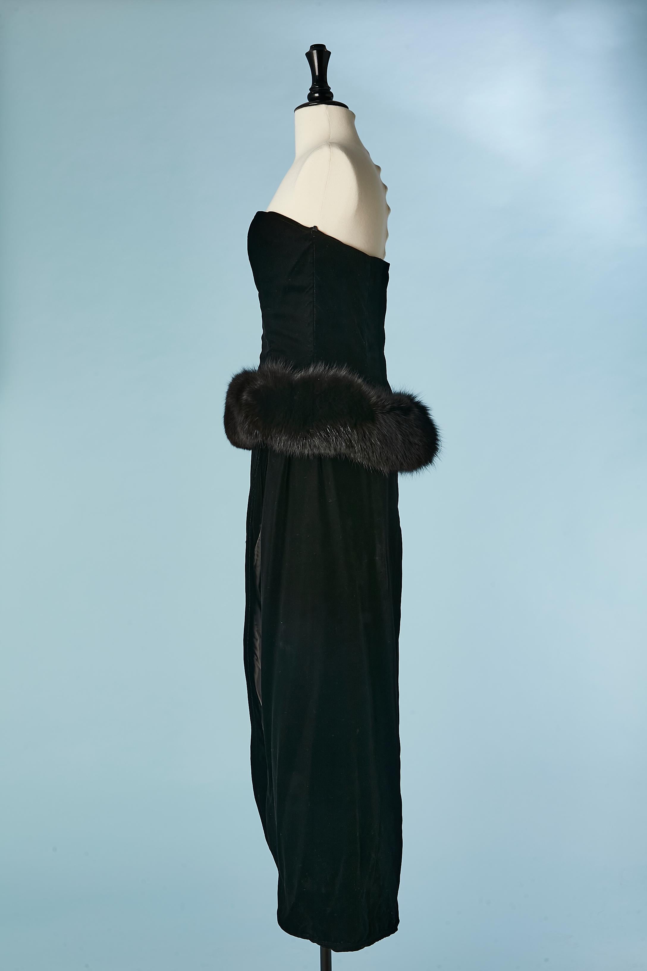 Black velvet bustier evening dress with furs around the waist Victor Costa  For Sale 1