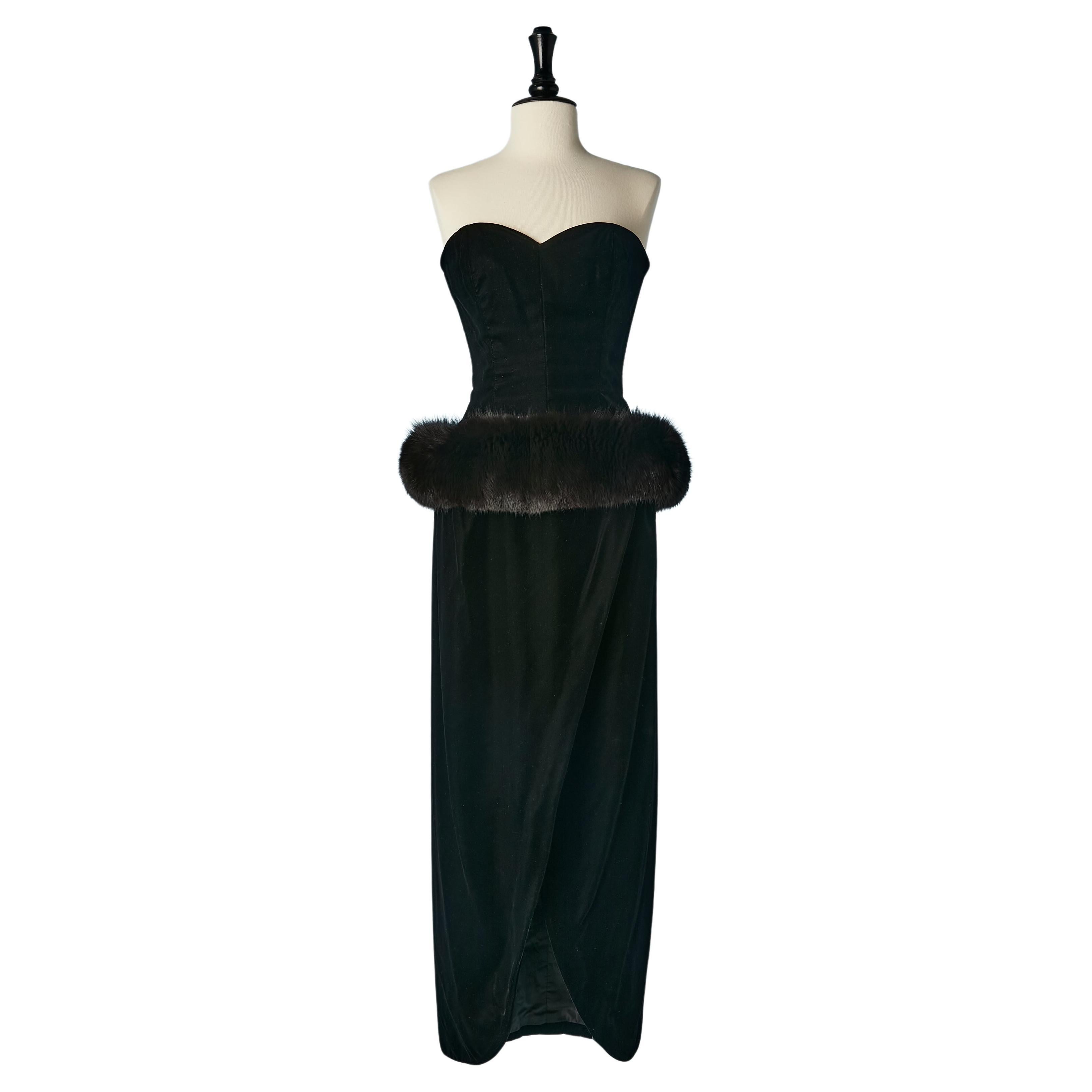 Black velvet bustier evening dress with furs around the waist Victor Costa  For Sale