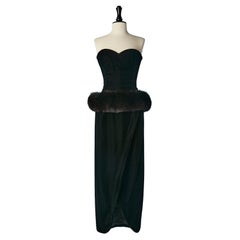 Vintage Black velvet bustier evening dress with furs around the waist Victor Costa 