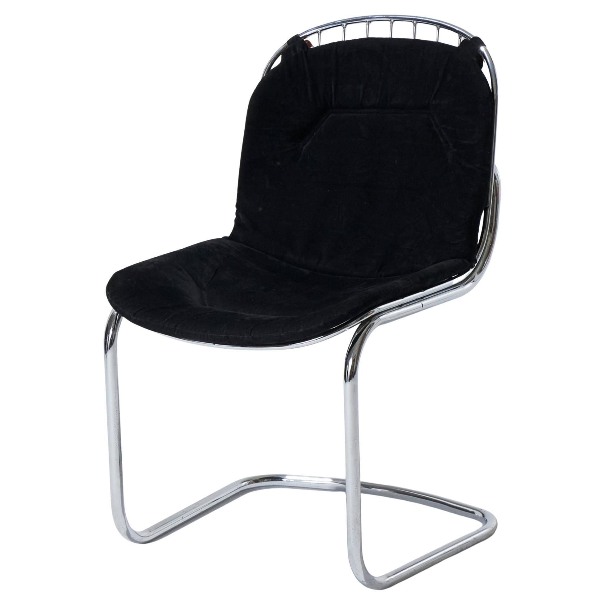 Black velvet chair with tubular chrome base by Gastone Rinaldi, 1970s For Sale