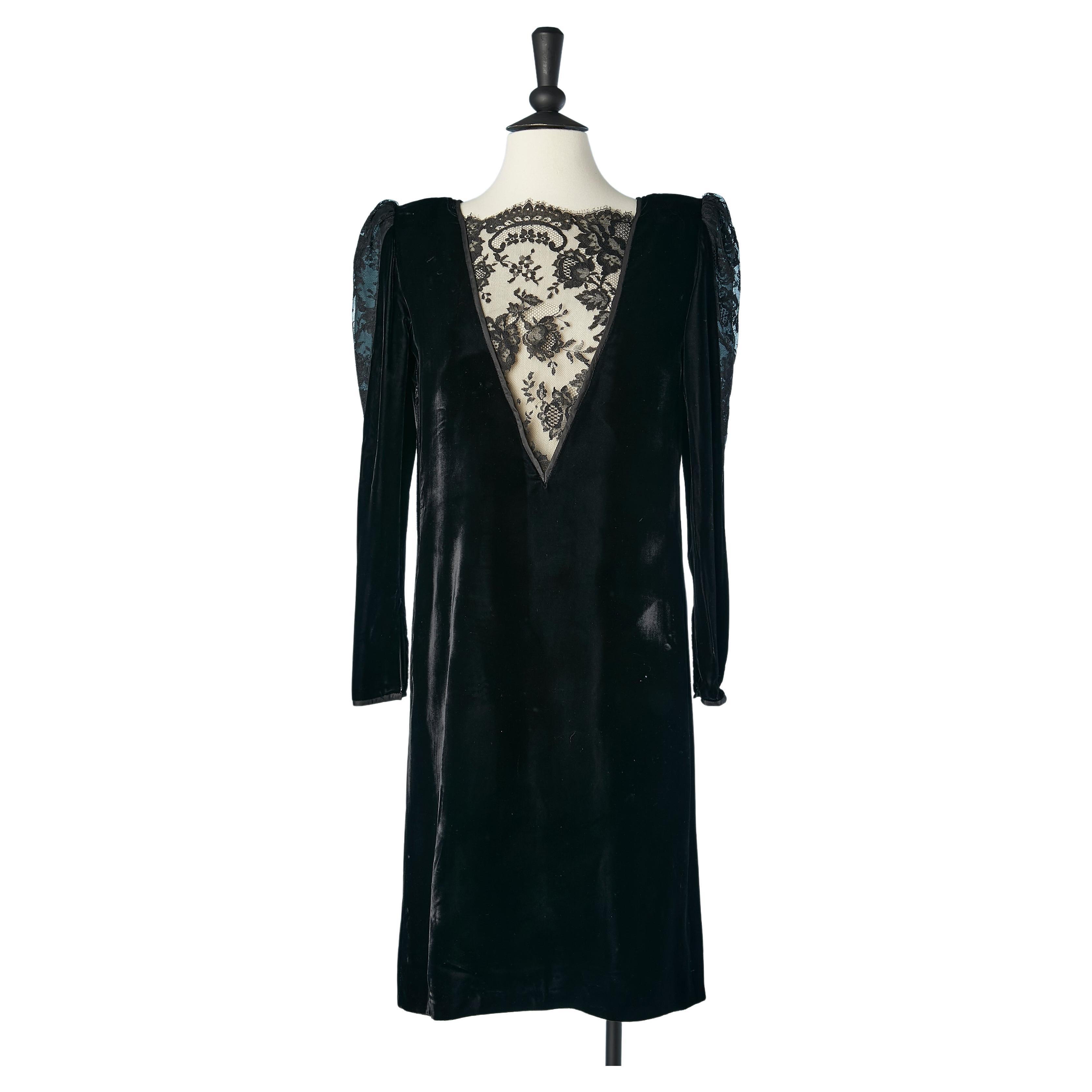 Black velvet cocktail dress with a deep V lace neckline Valentino Boutique  For Sale