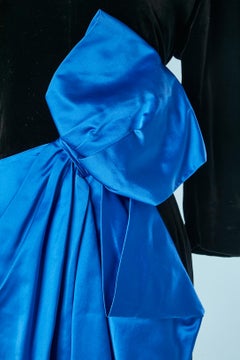 Black velvet cocktail dress with blue satin bow draped Guy Laroche Boutique