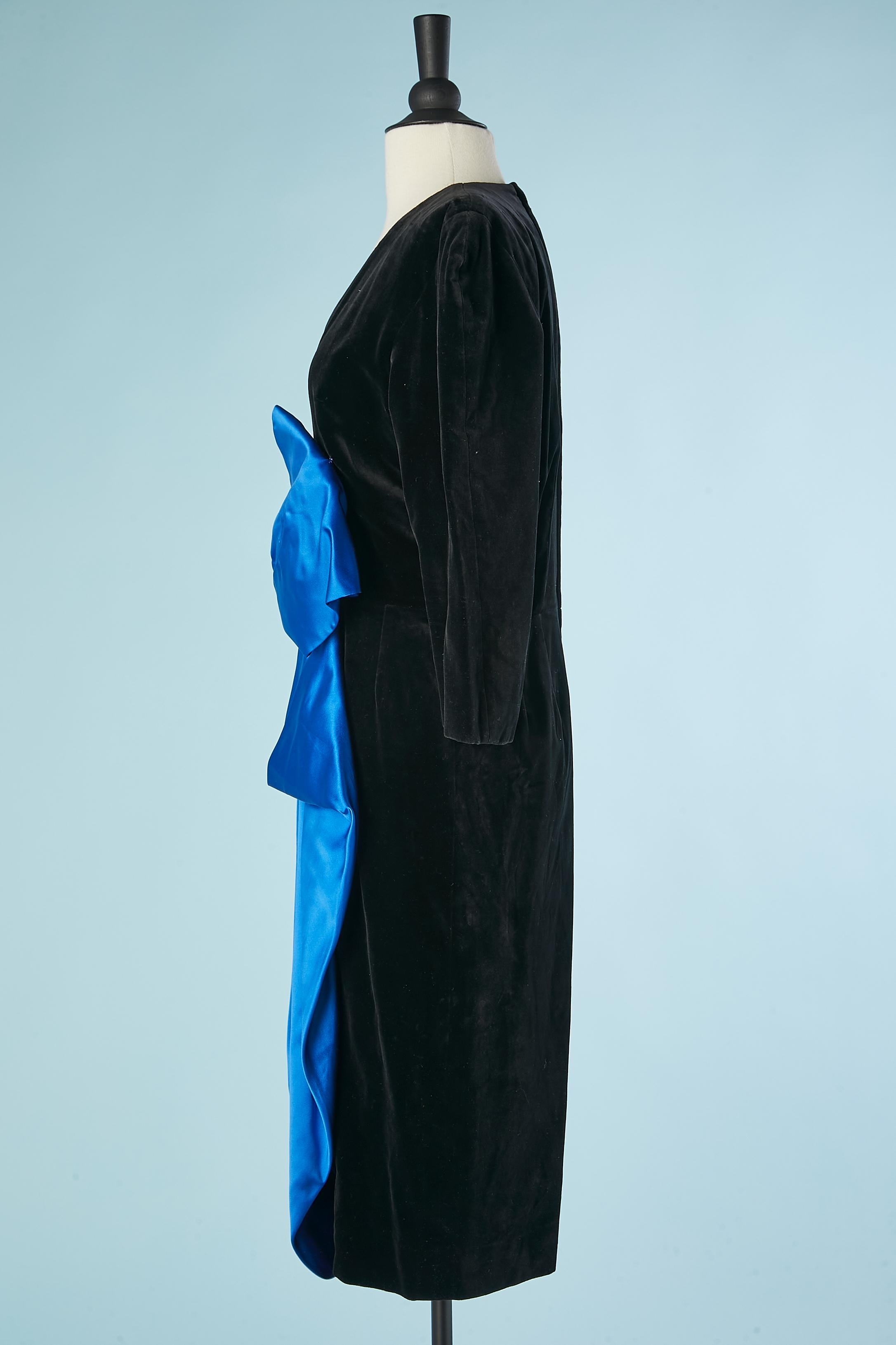 Blue Black velvet cocktail dress with blue satin bow draped Guy Laroche Boutique  For Sale