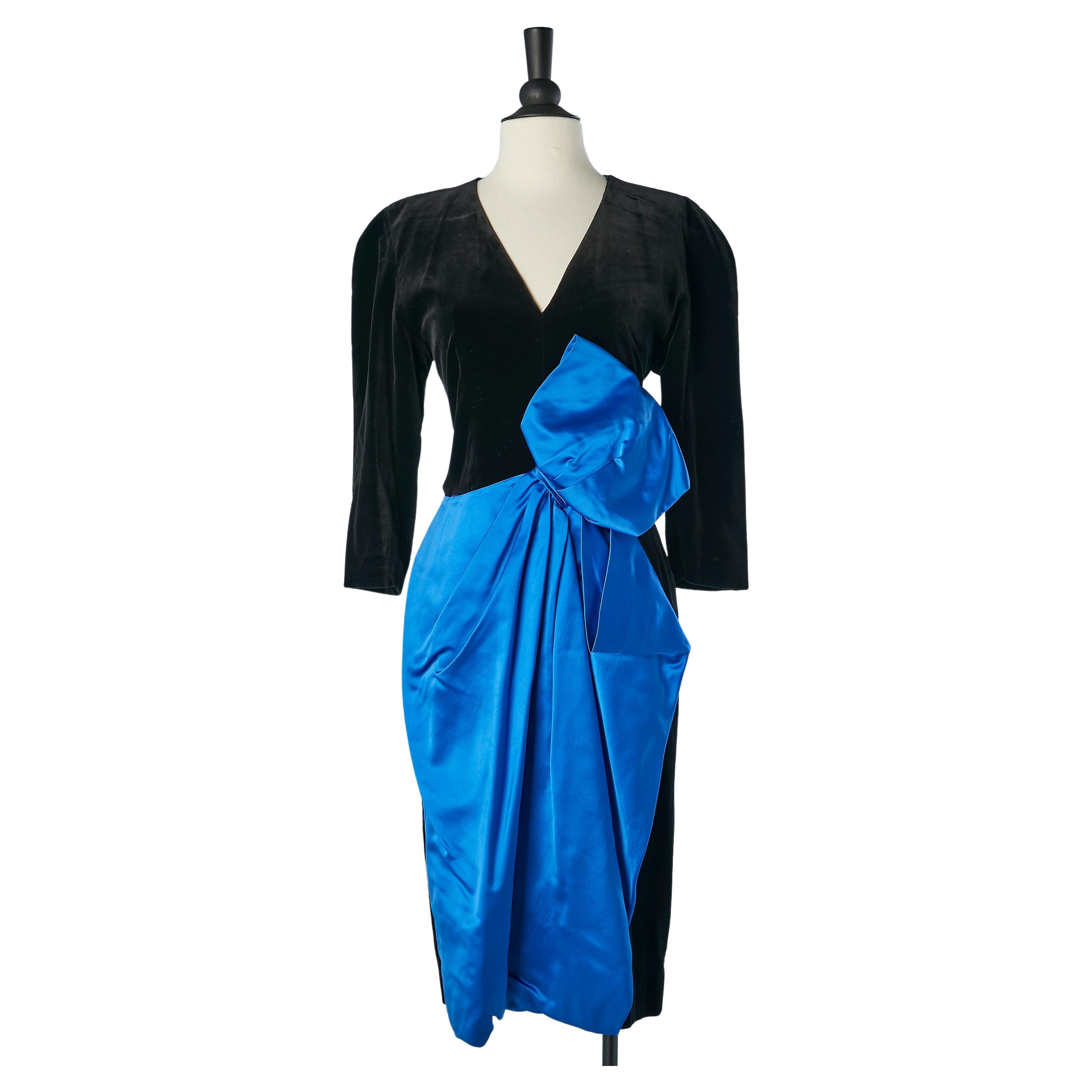 Black velvet cocktail dress with blue satin bow draped Guy Laroche Boutique  For Sale