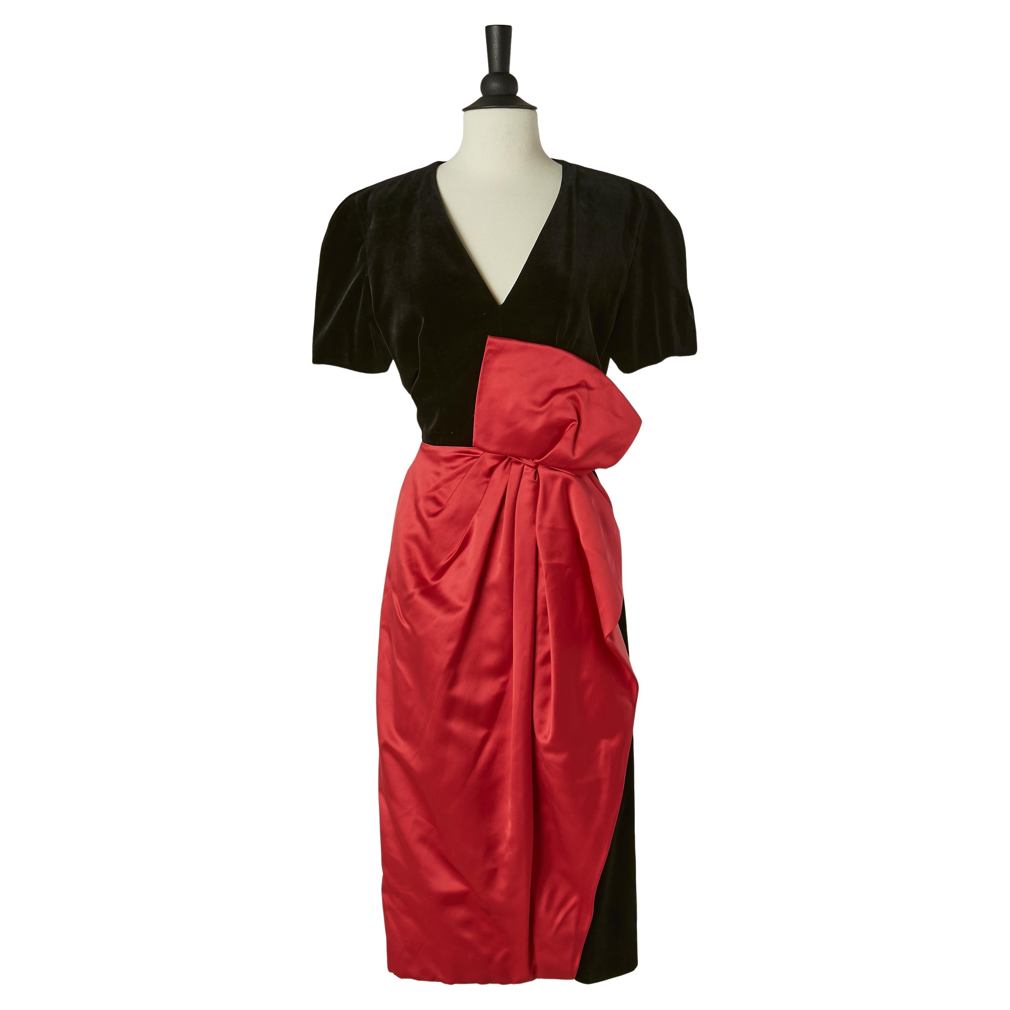Schwarzes Cocktailkleid aus Samt mit drapierter Schleife aus rosa Seidensatin GUY LAROCHE